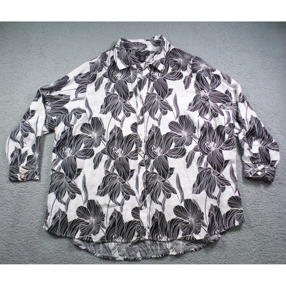 Tahari‎ Top Womens Size 2X White Black Floral Button Up 3/4 Sleeve Linen NWT
